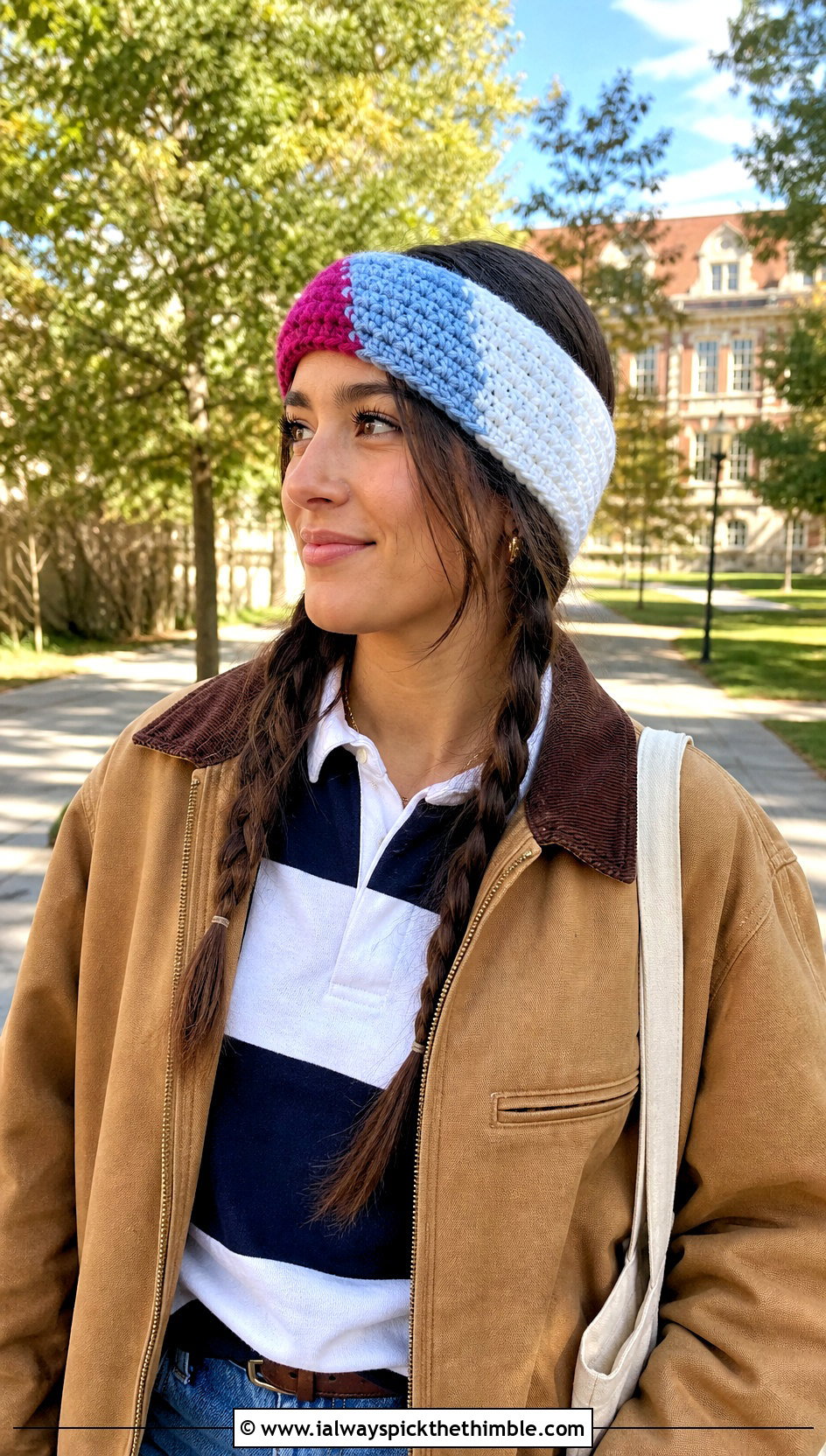 Color Block Crochet Ear Warmer With Rugby Shirt And Jeans - 15 Easy Crochet Headband Ear Warmers outfit ideas