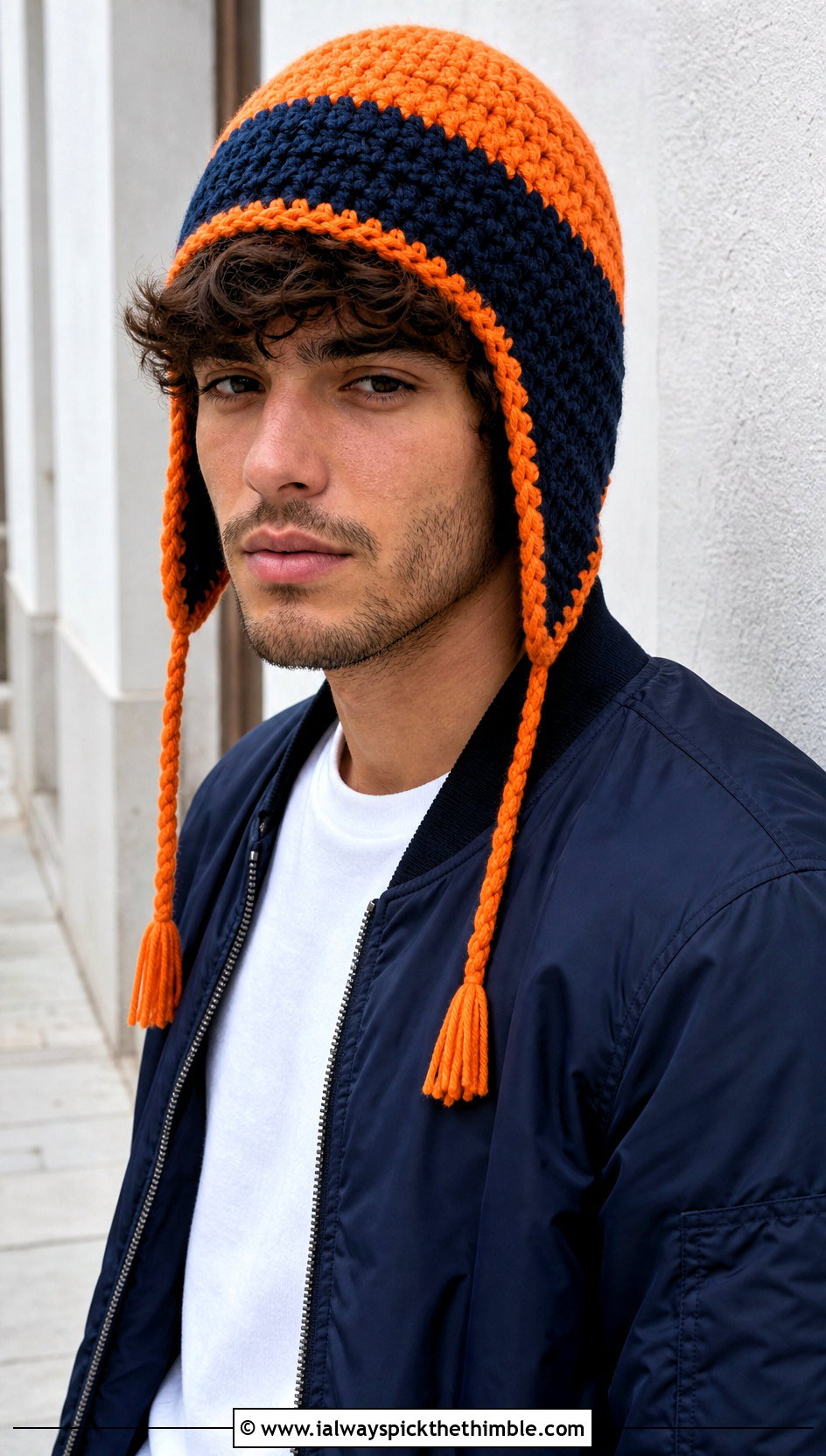 Color Block Crochet Earflap Hat With Bomber Jacket - 20 Mens Crochet Earflap Hat outfit ideas