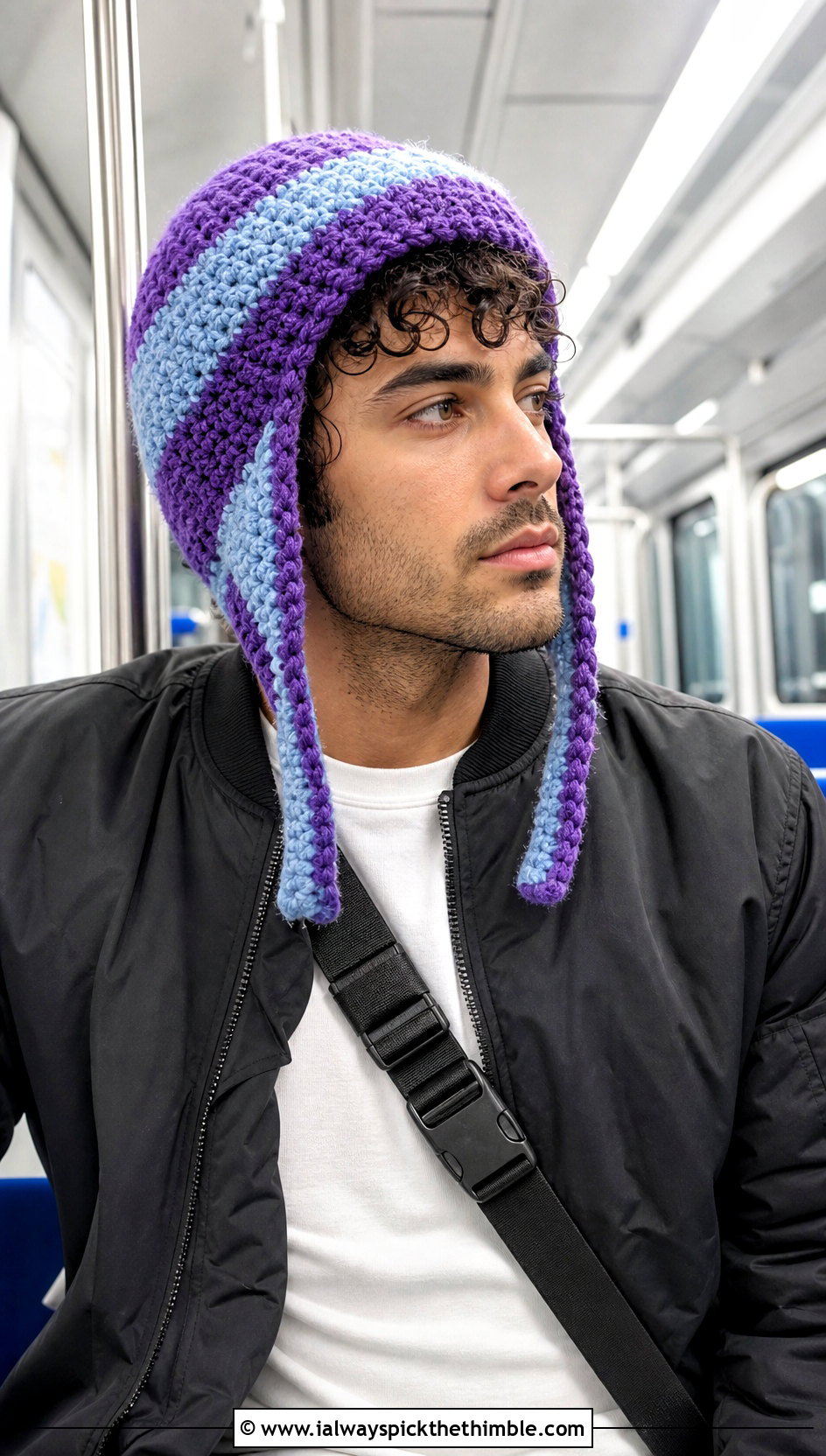 Color Block Crochet Earflap Hat With Bomber Jacket - 15 Mens Crochet Hat With Earflaps outfit ideas