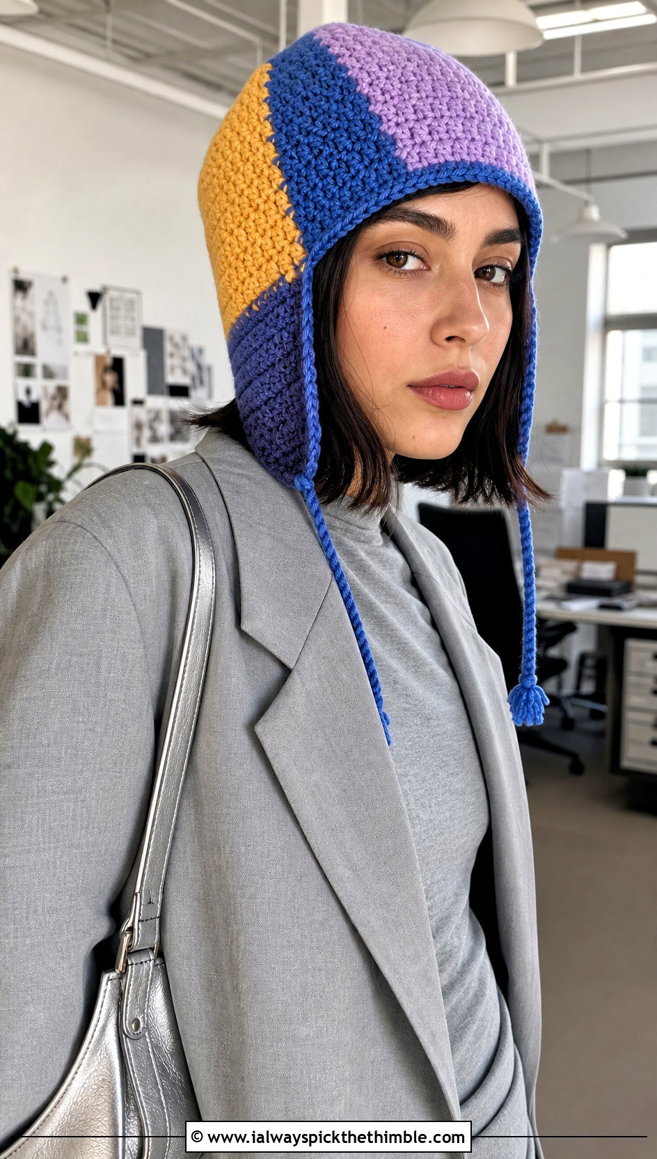 Color Block Crochet Earflap Hat With Monochrome Suit - 25 crochet earflap hat outfit ideas