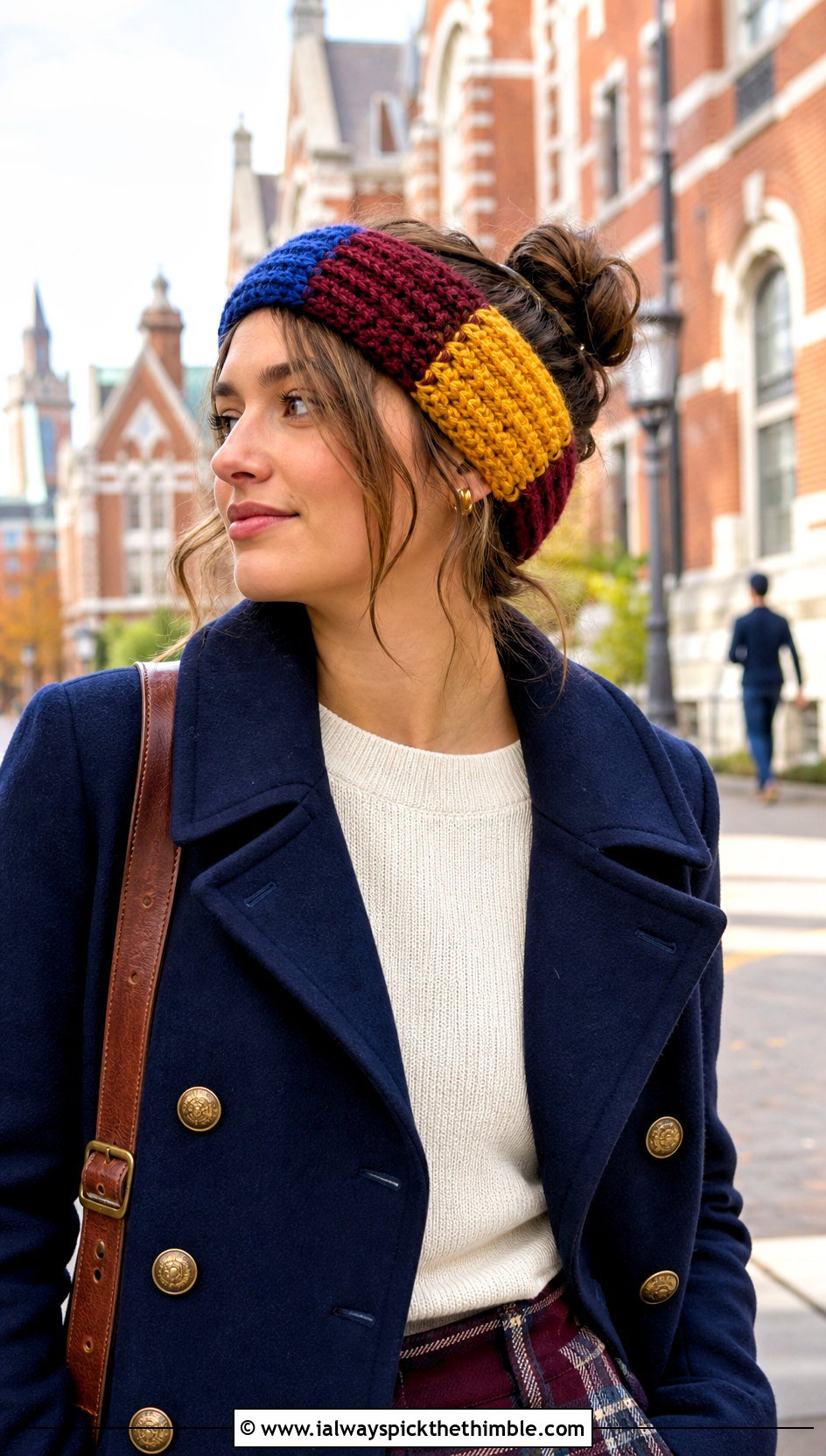 Color Block Crochet Earwarmer With Peacoat - 25 crochet earwarmer outfit ideas