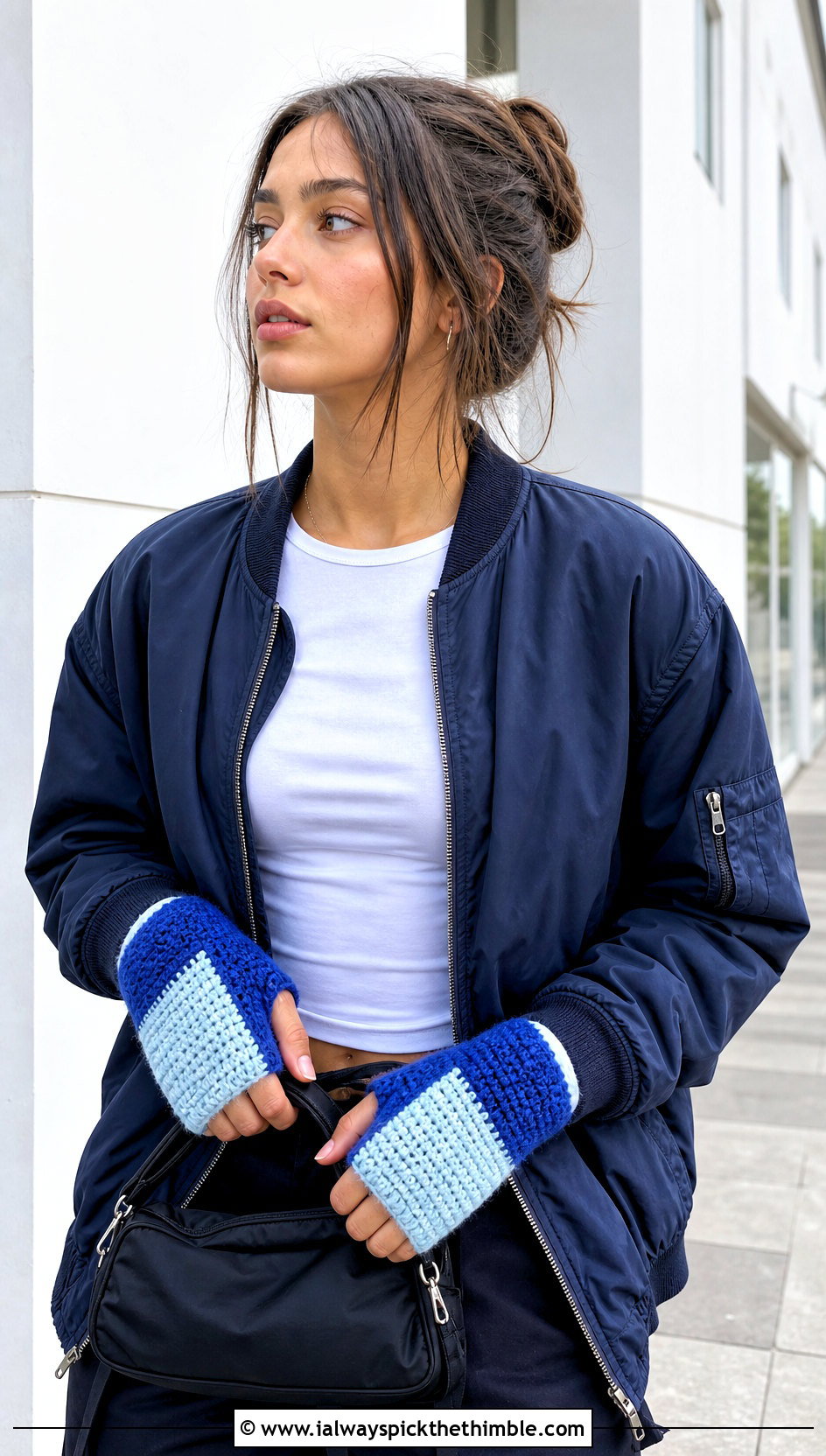 Color Block Crochet Fingerless Gloves With Bomber Jacket - 20 Simple Crochet Fingerless Gloves outfit ideas