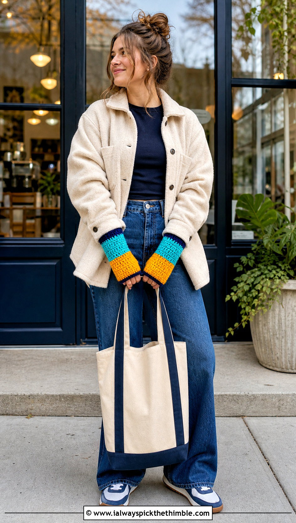 Color Block Crochet Fingerless Gloves With Shacket And Wide Leg Jeans - 20 Diy Crochet Fingerless Gloves outfit ideas