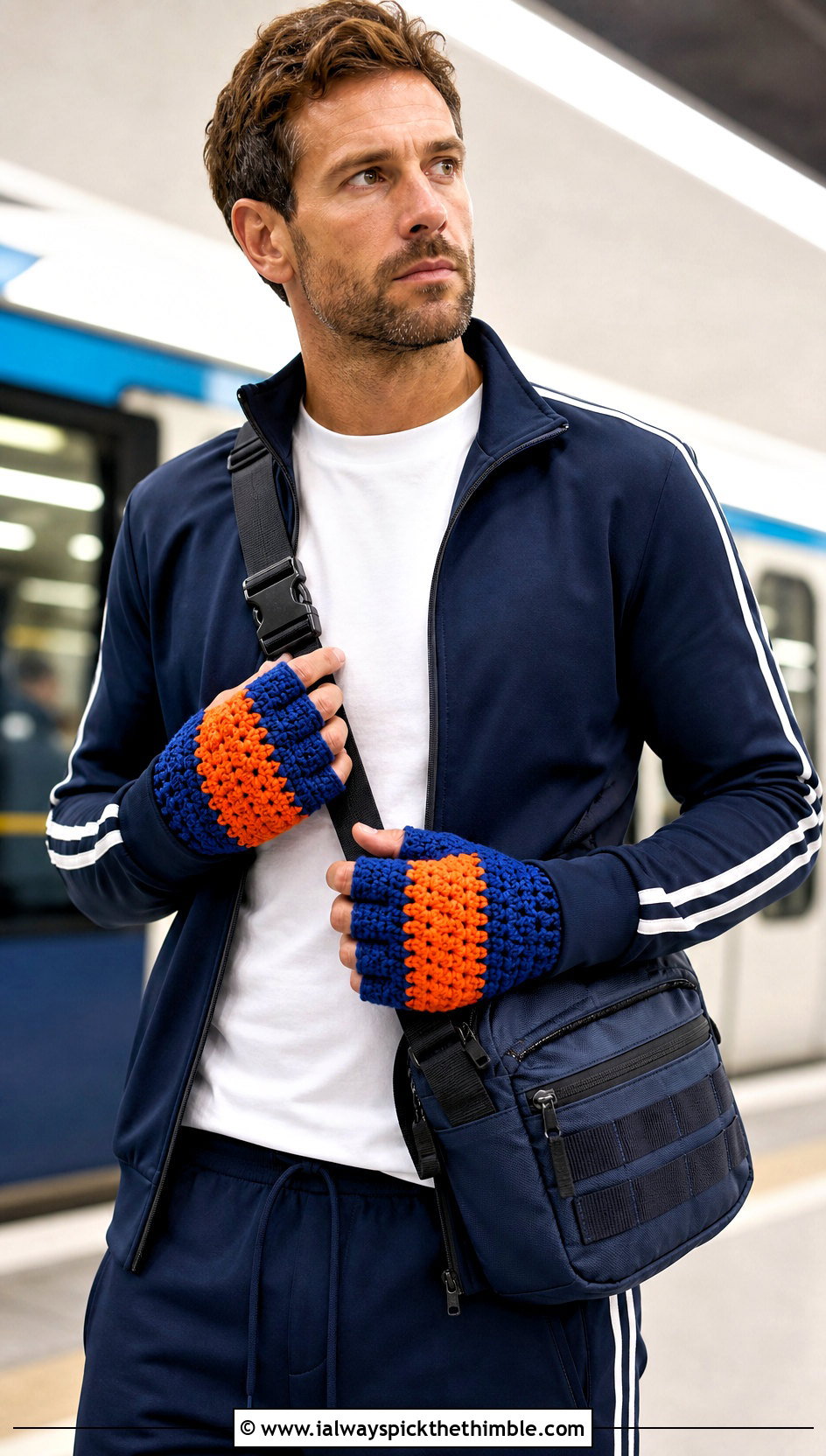 Color Block Crochet Fingerless Gloves With Tracksuit - 20 Crochet Mens Fingerless Gloves outfit ideas