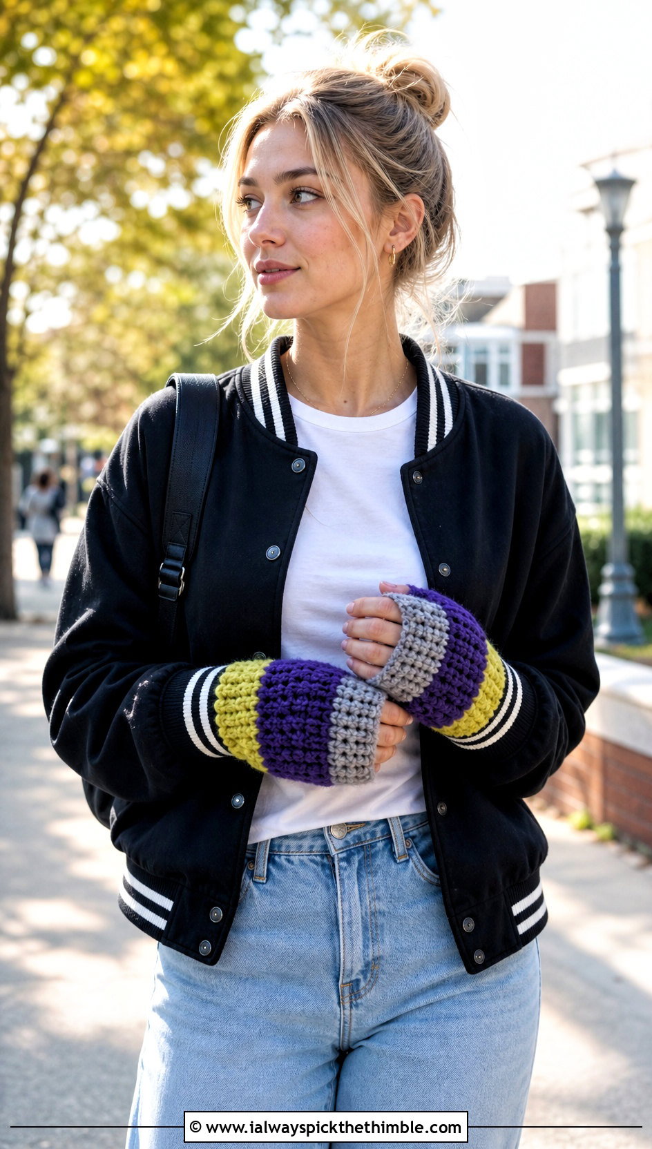 Color Block Crochet Fingerless Gloves With Varsity Jacket - 20 finger less crochet gloves outfit ideas