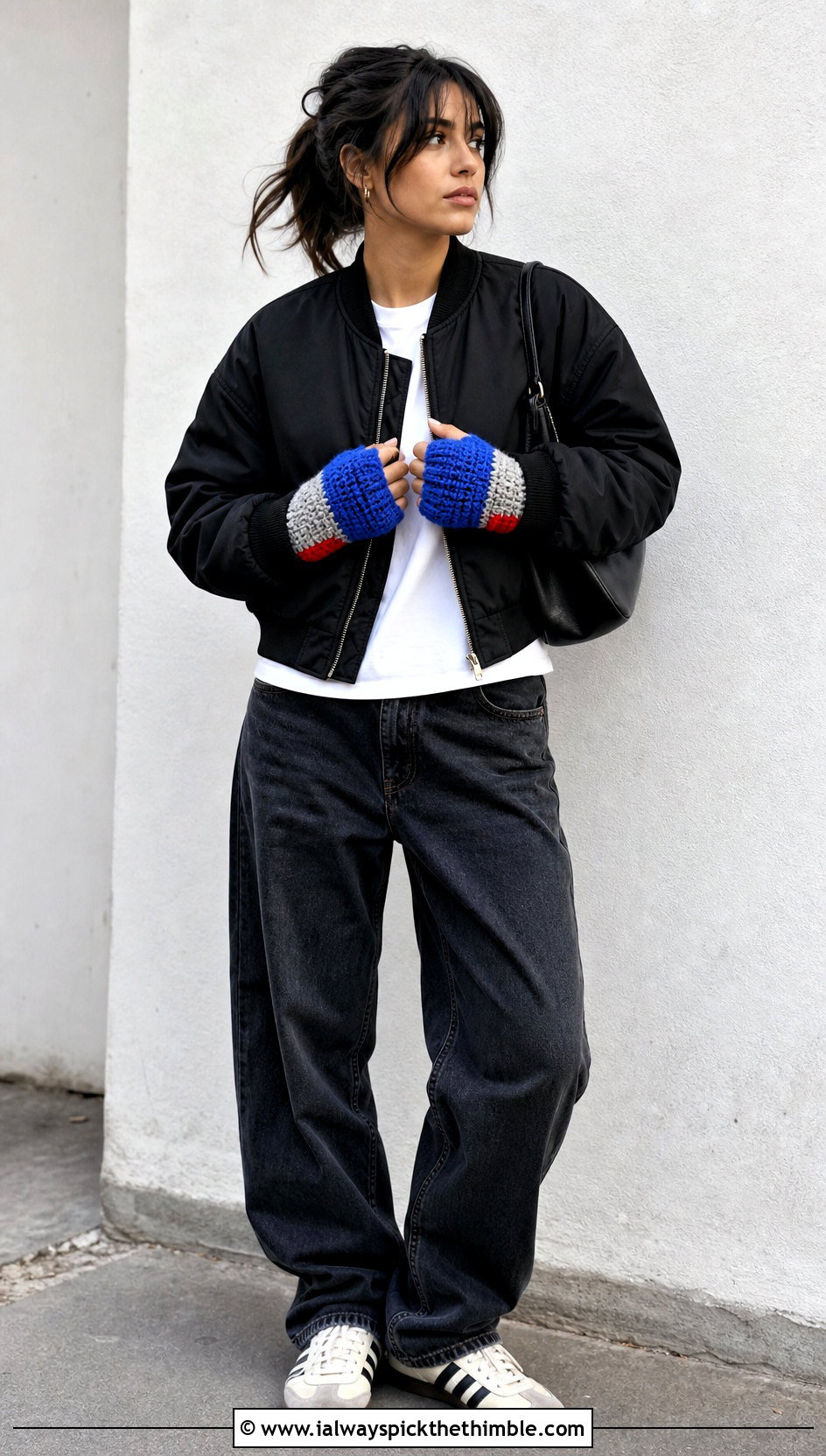 Color Block Crochet Fingerless Mitts With Bomber Jacket - 20 Crochet Fingerless Mitts outfit ideas