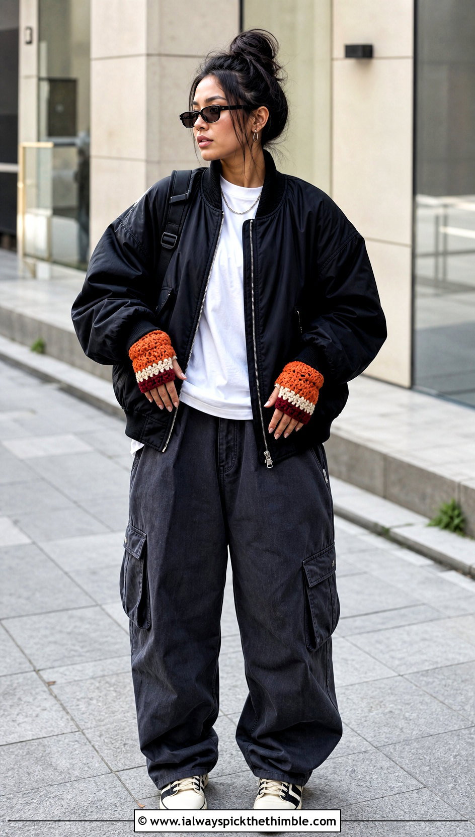Color Block Crochet Fingerless Mitts With Streetwear Outfit - 20 easy crochet hand warmers outfit ideas