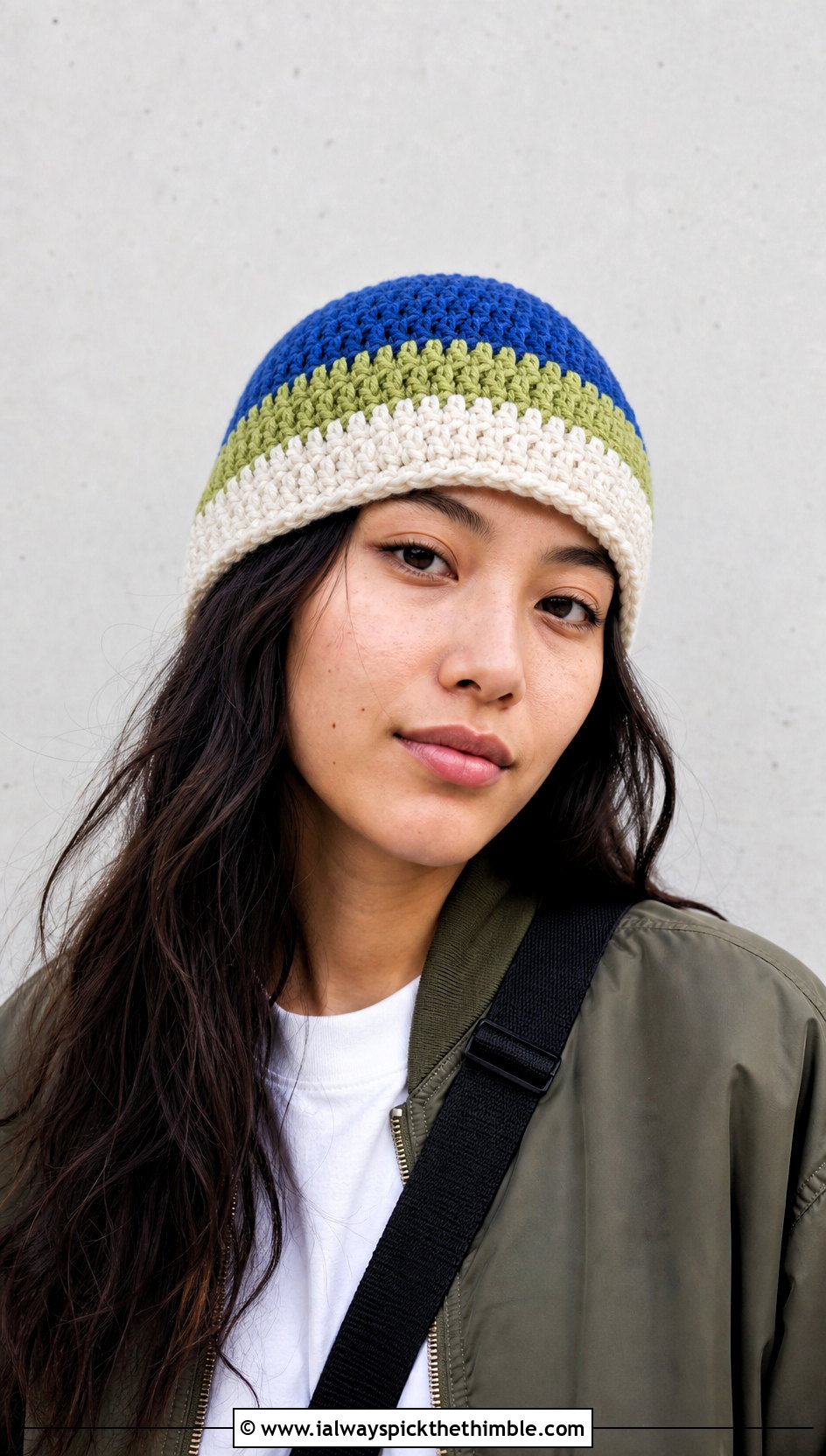 Color Block Crochet Fisherman Beanie With Bomber Jacket - 25 crochet fisherman beanie outfit ideas