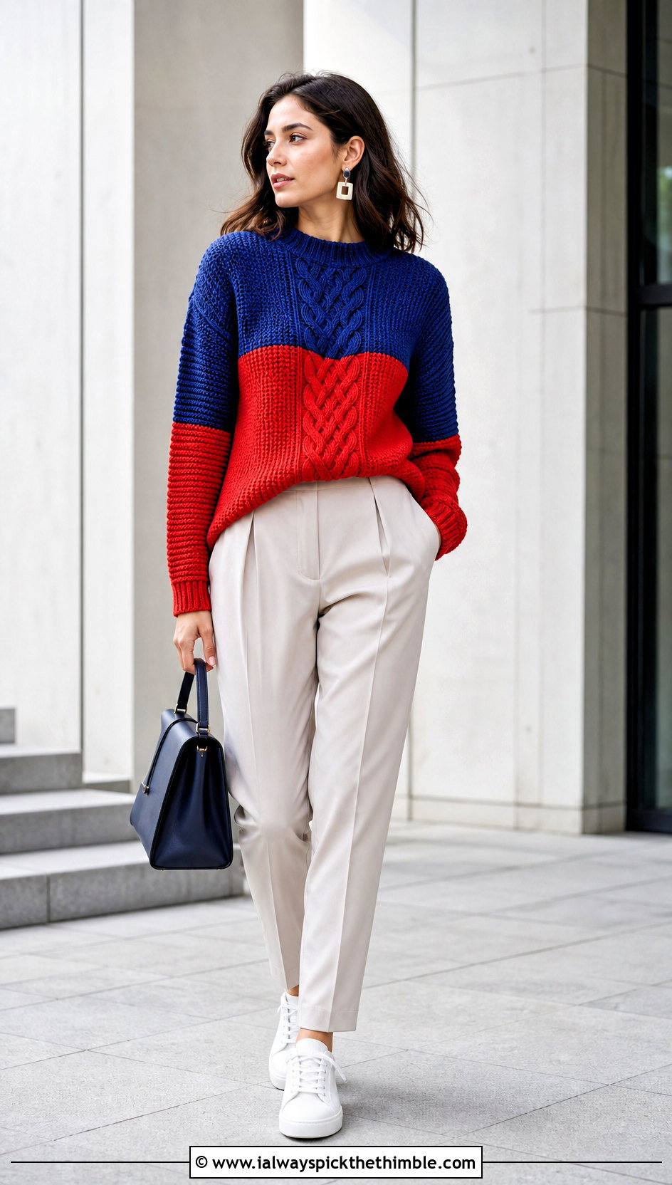 Color Block Crochet Fisherman Sweater With Pleated Trousers - 20 crochet fisherman sweater outfit ideas