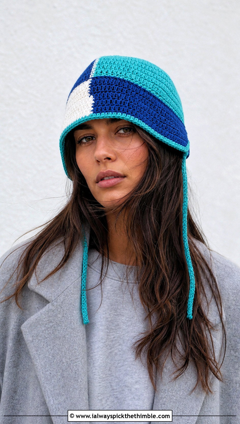 Color Block Crochet Flap Hat With Monochrome Outfit - 20 crochet flap hat outfit ideas