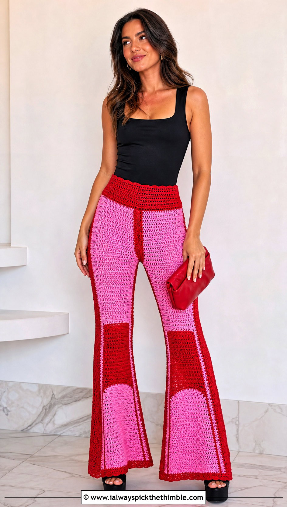 Color Block Crochet Flare Pants With Black Bodysuit - 20 flare crochet pants outfit ideas