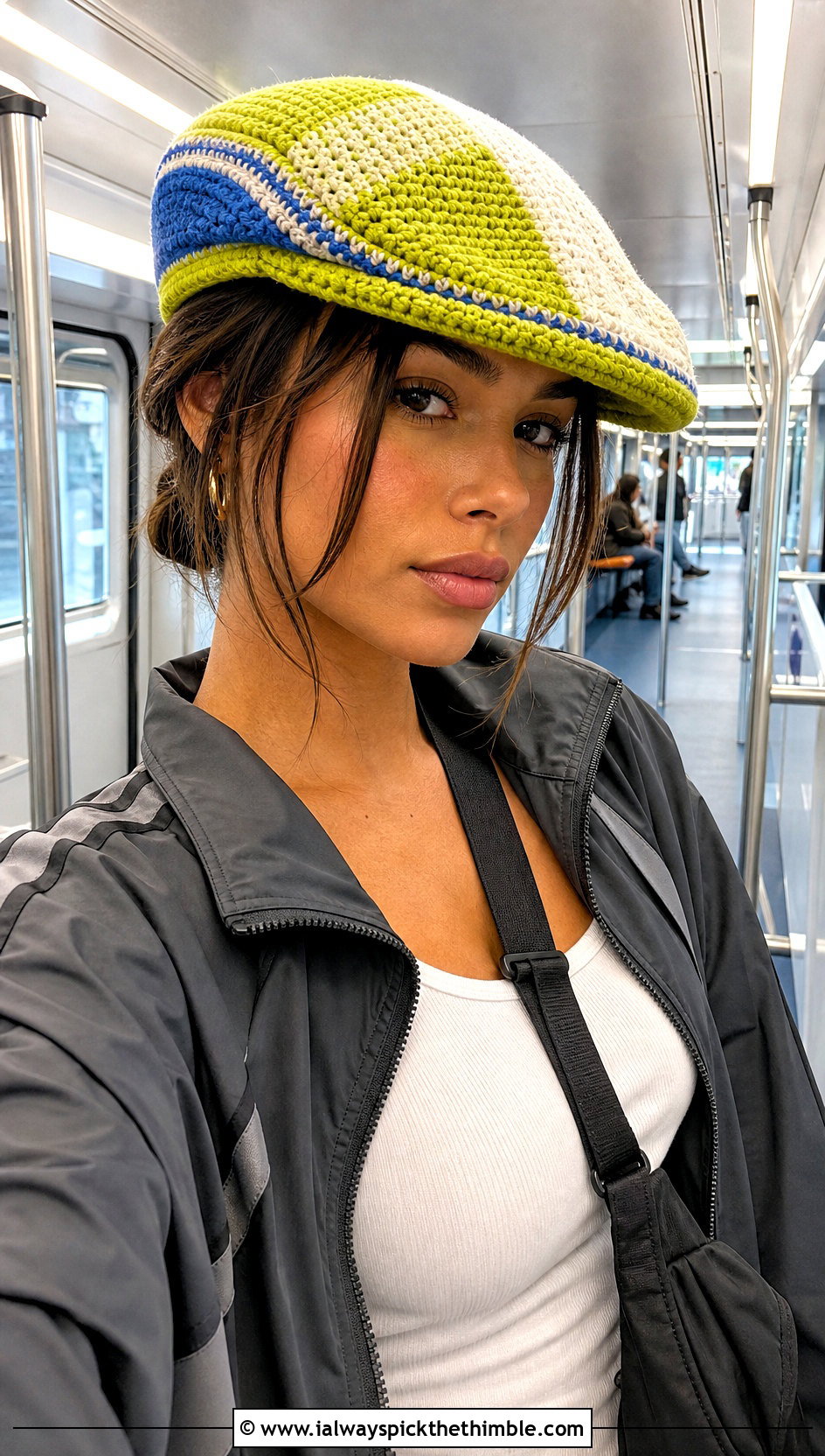 Color Block Crochet Flat Cap With Track Jacket - 20 crochet flat cap outfit ideas
