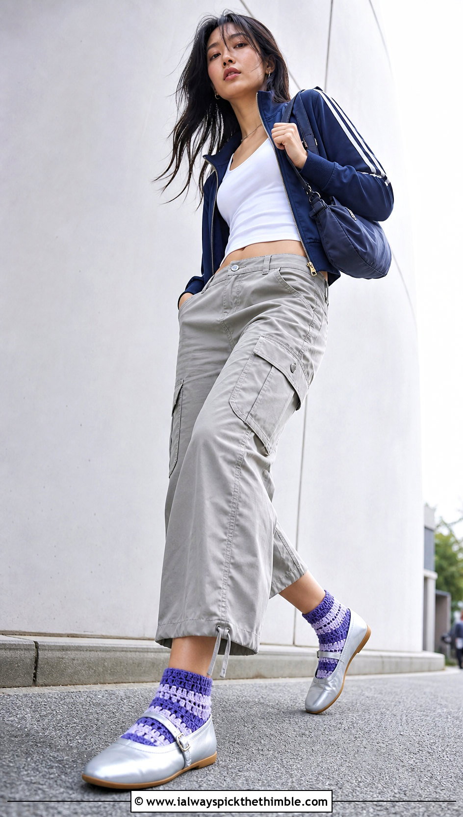 Color Block Crochet Flat Socks With Sneakerinas And Cargo Pants - 20 Crochet Flat Socks outfit ideas