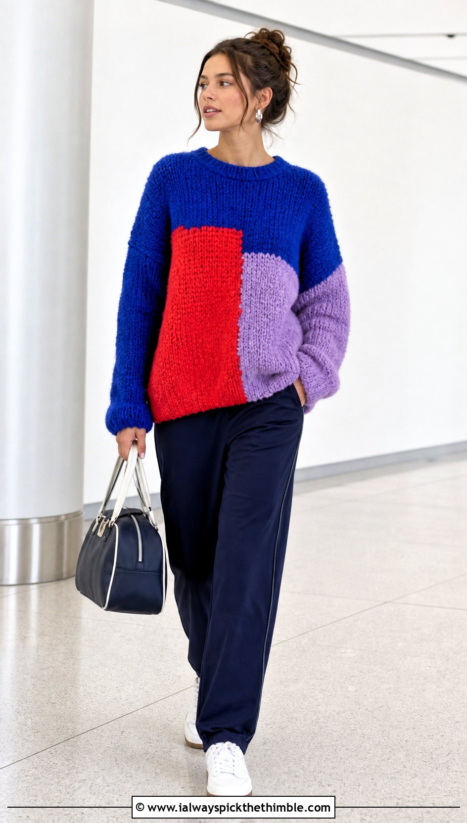 Color Block Crochet Fluffy Sweater With Track Pants - 25 crochet fluffy sweater outfit ideas