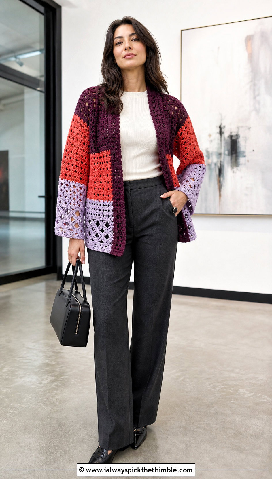 Color Block Crochet Folklore Cardigan With Matching Suit Pants - 25 crochet folklore cardigan outfit ideas