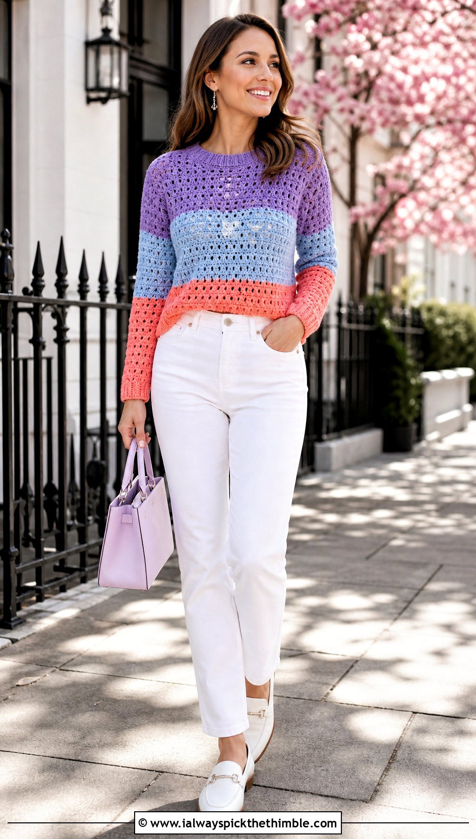 Color Block Crochet Full Sleeve Top With White Jeans - 25 crochet full sleeve top outfit ideas