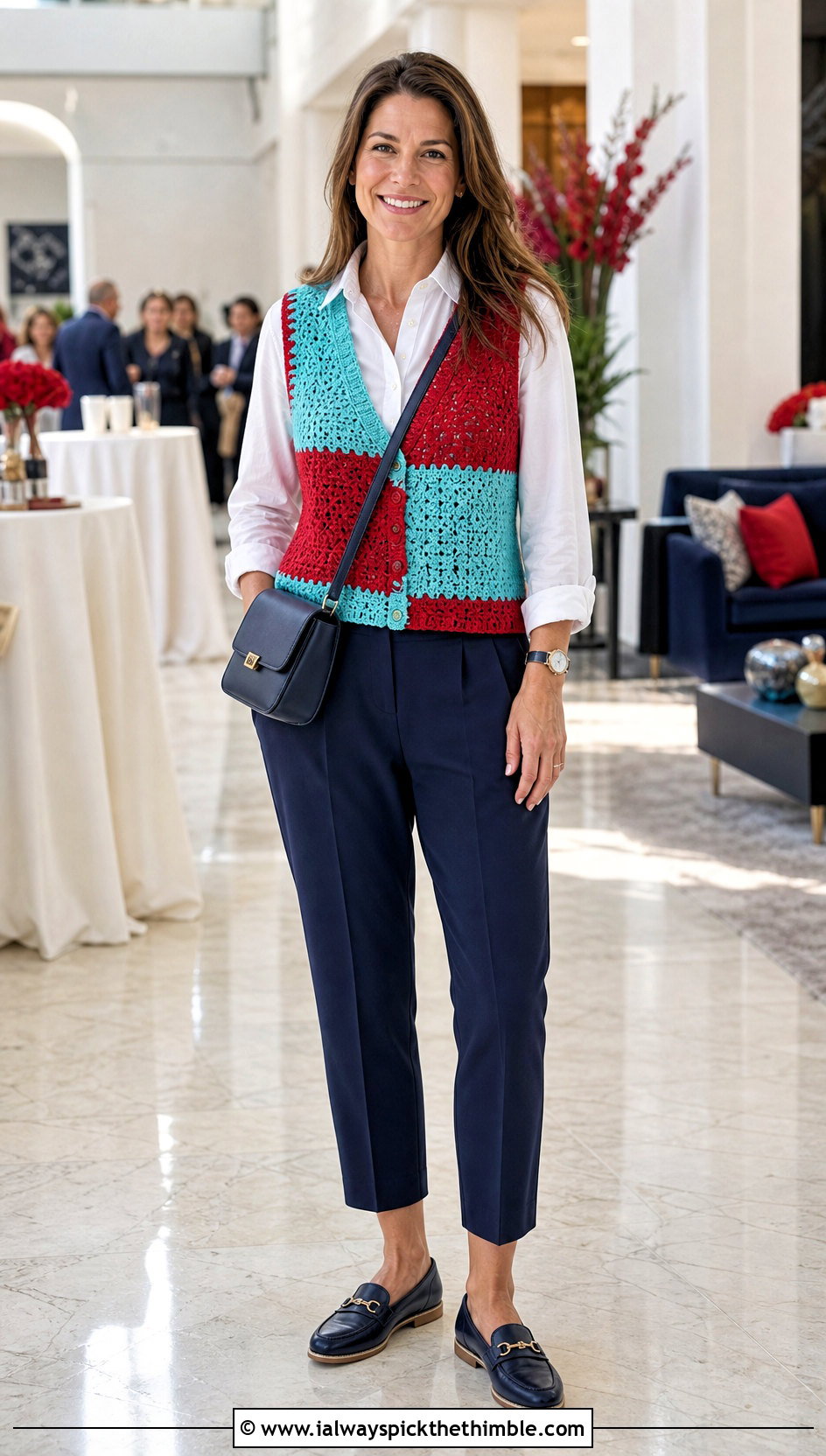 Color Block Crochet Game Day Vest With Button Down Shirt - 20 Crochet Game Day Top outfit ideas