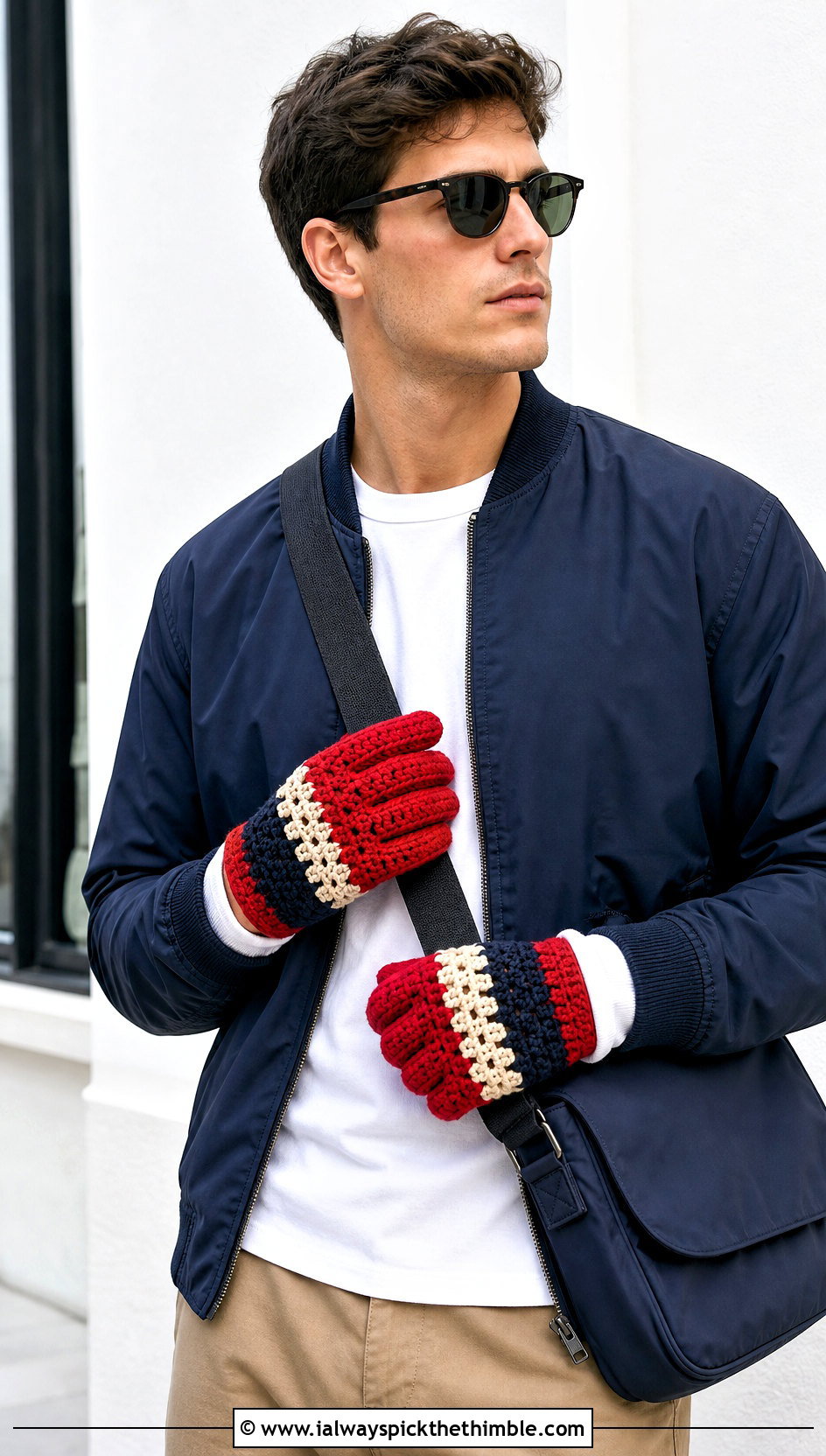 Color Block Crochet Gloves With Bomber Jacket - 25 crochet gloves for men outfit ideas