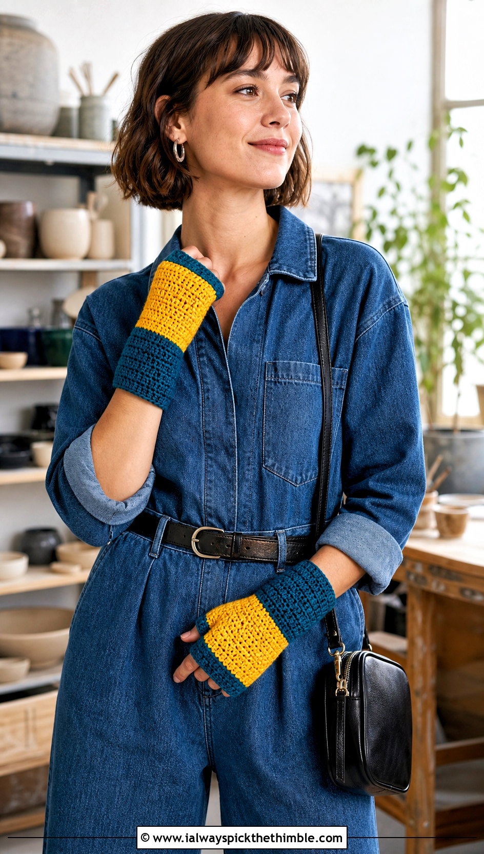 Color Block Crochet Gloves With Denim Jumpsuit - 20 aesthetic crochet gloves outfit ideas