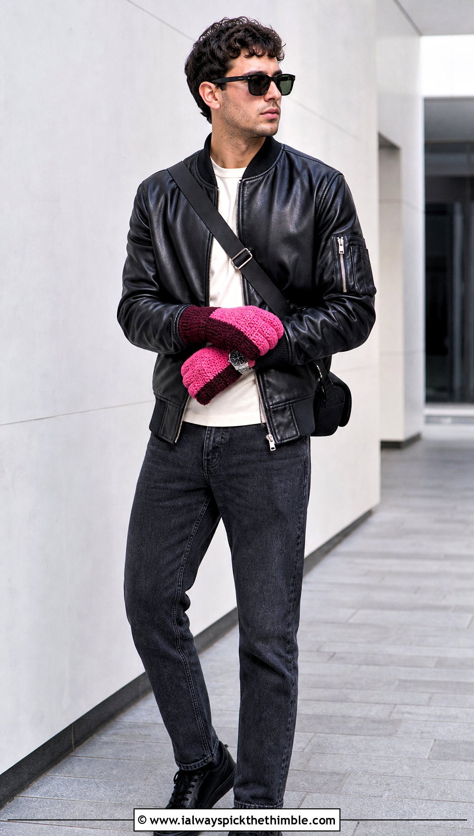 Color Block Crochet Gloves With Leather Bomber - 25 men crochet gloves outfit ideas