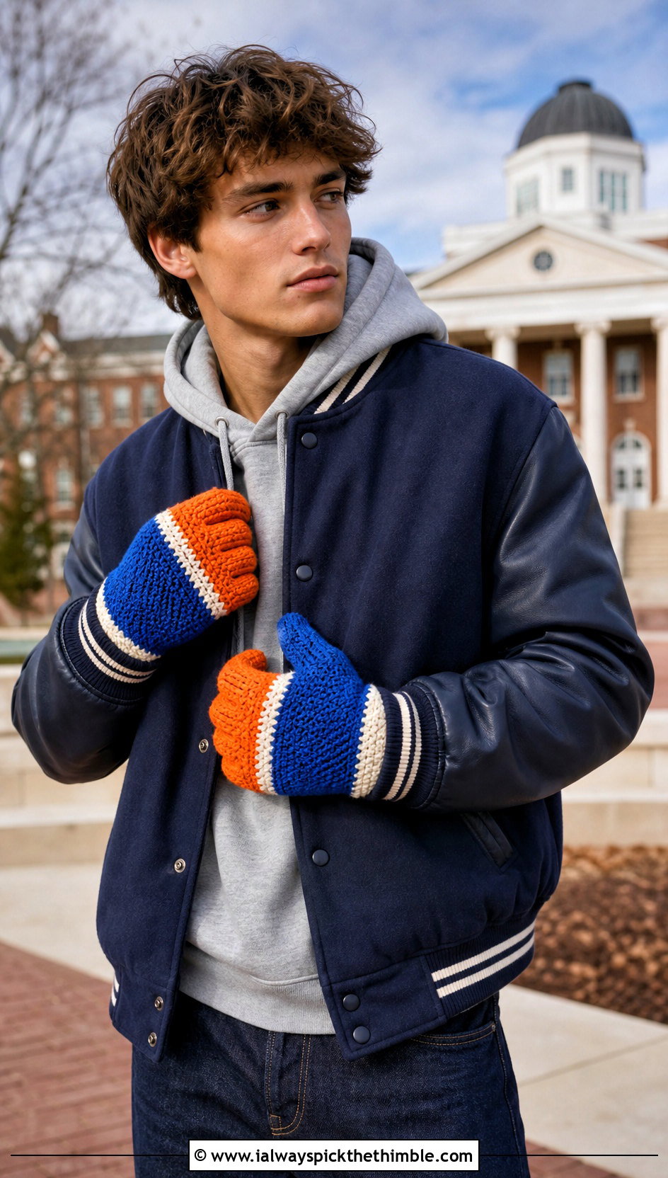 Color Block Crochet Gloves With Varsity Jacket - 20 Crochet Mens Gloves outfit ideas