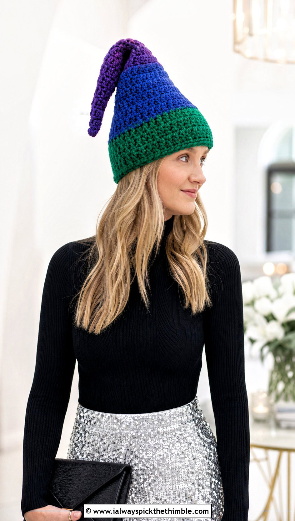 Color Block Crochet Gnome Hat With Sequin Skirt - 25 crochet gnome hat outfit ideas