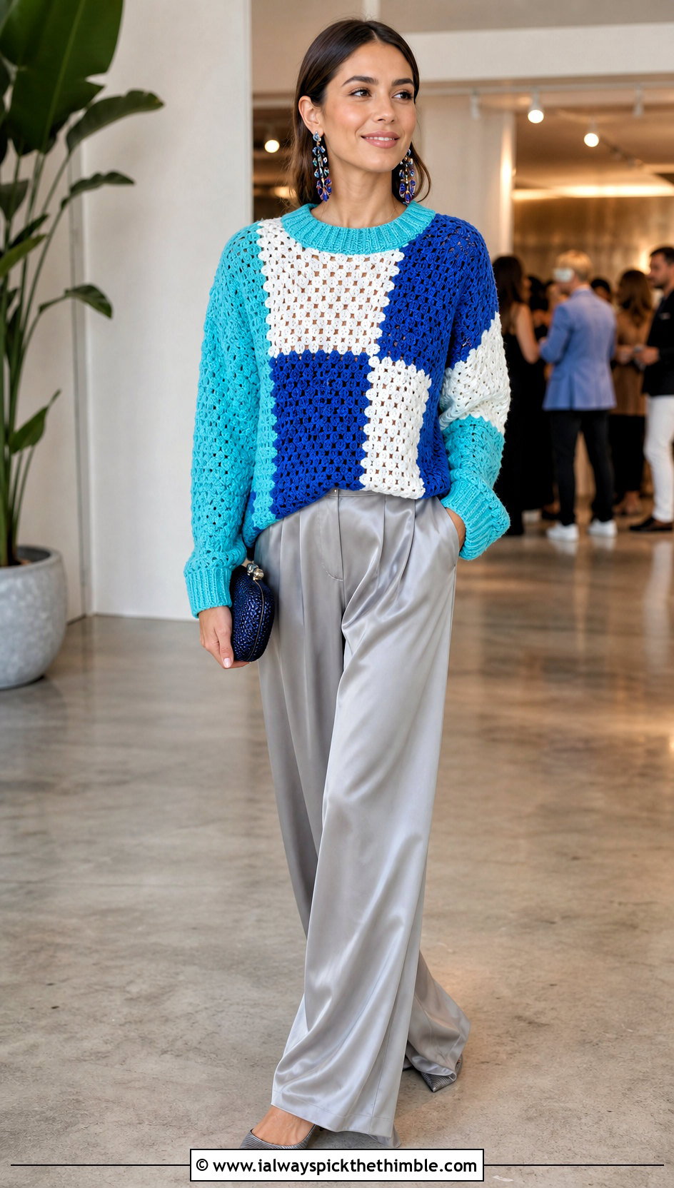 Color Block Crochet Grandpa Sweater With Satin Trousers - 20 Crochet Grandpa Sweater outfit ideas