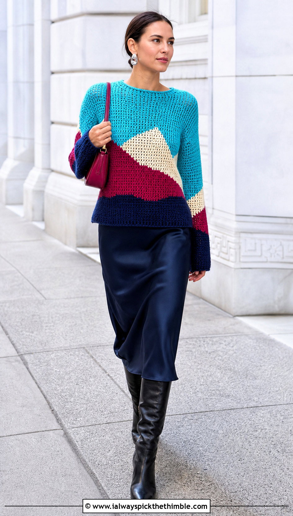 Color Block Crochet Graph Sweater With Slip Dress - 20 crochet graph sweater outfit ideas