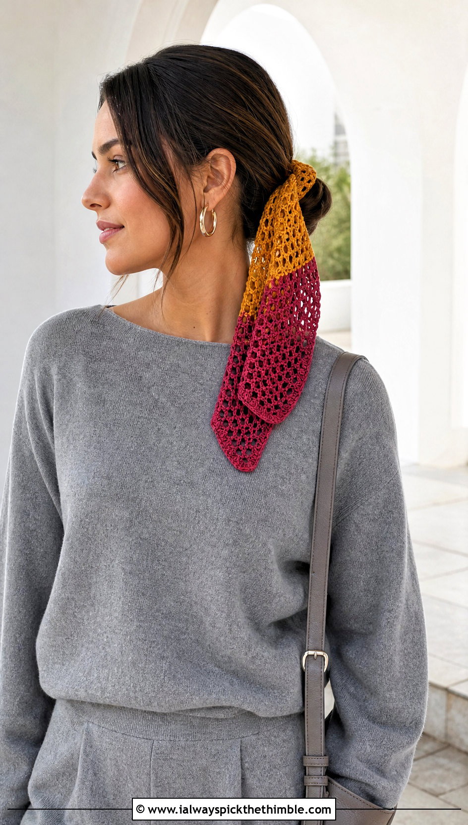 Color Block Crochet Hair Tie Scarf With Monochrome Outfit - 20 crochet hair tie scarf outfit ideas