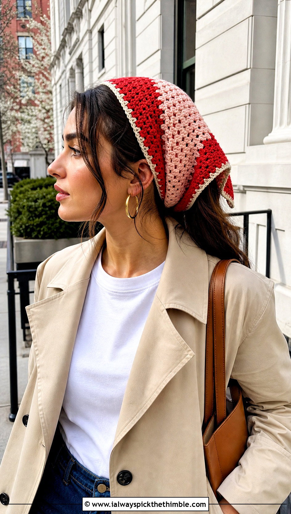 Color Block Crochet Hair Wrap With Trench Coat And Jeans - 20 crochet hair wraps outfit ideas