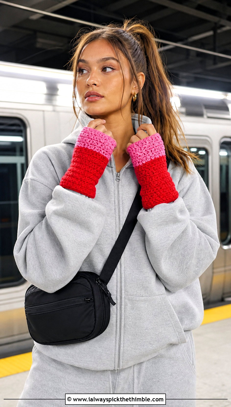 Color Block Crochet Hand Warmers With Matching Tracksuit - 25 crochet hand warmers outfit ideas