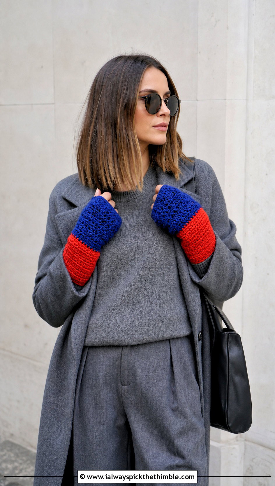 Color Block Crochet Hand Warmers With Monochrome Outfit - 25 Crochet Handwarmer outfit ideas
