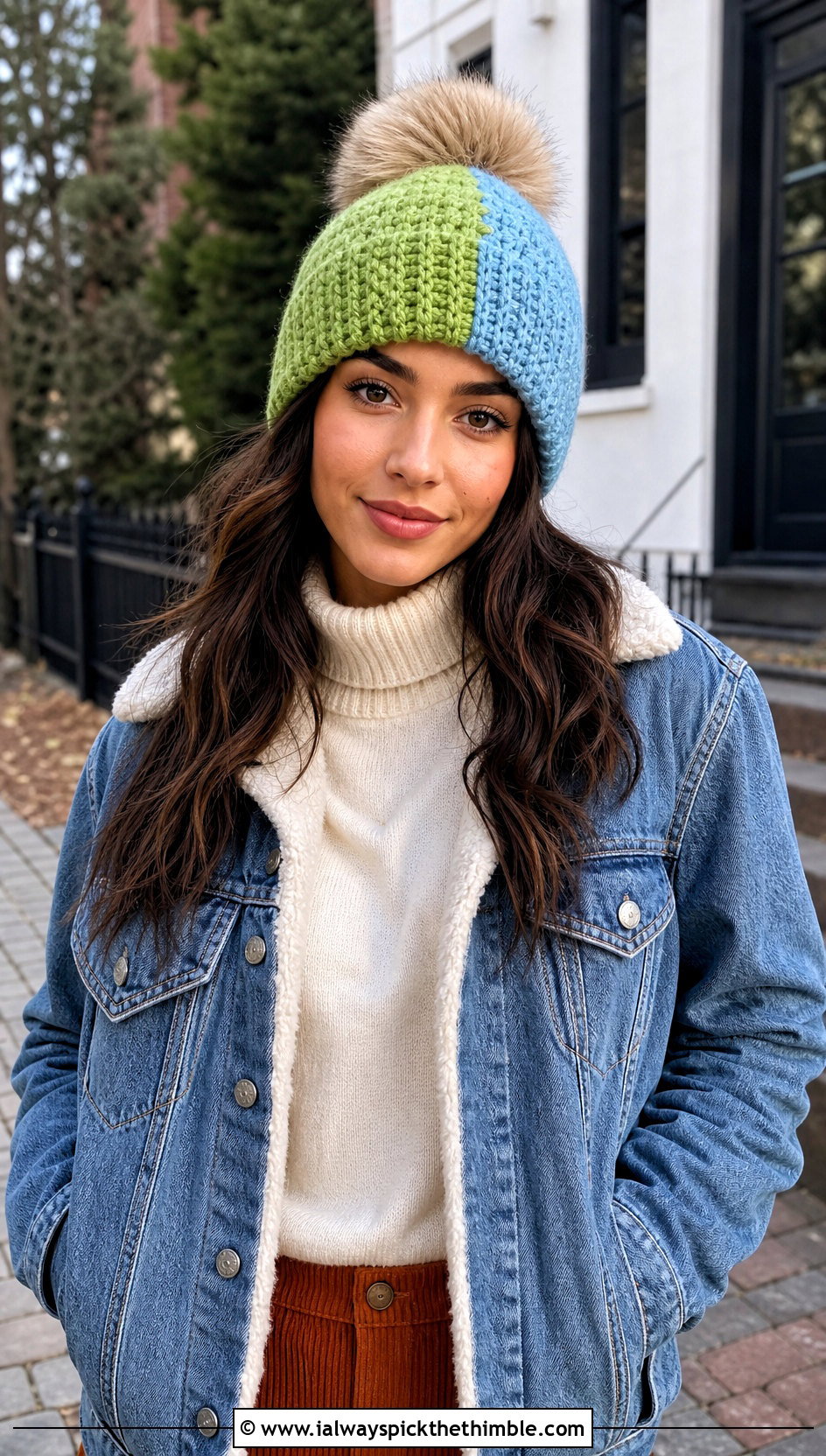 Color Block Crochet Hat With Fur Pom Pom And Denim Jacket - 15 Crochet Hat With Fur Pom Pom outfit ideas