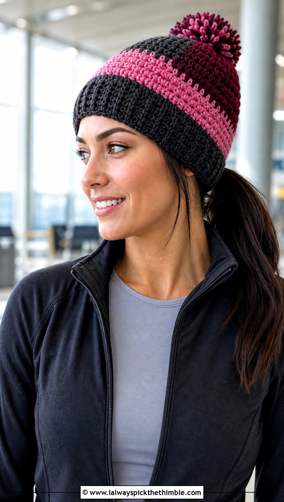 Color Block Crochet Hat With Pom Pom And Track Pants - 20 crochet hat with pom pom outfit ideas