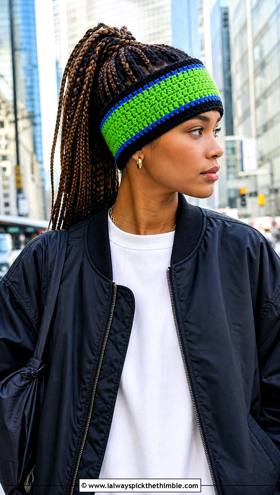 Color Block Crochet Headband Ear Warmer With Bomber Jacket - 20 Crochet Headband Ear Warmers outfit ideas