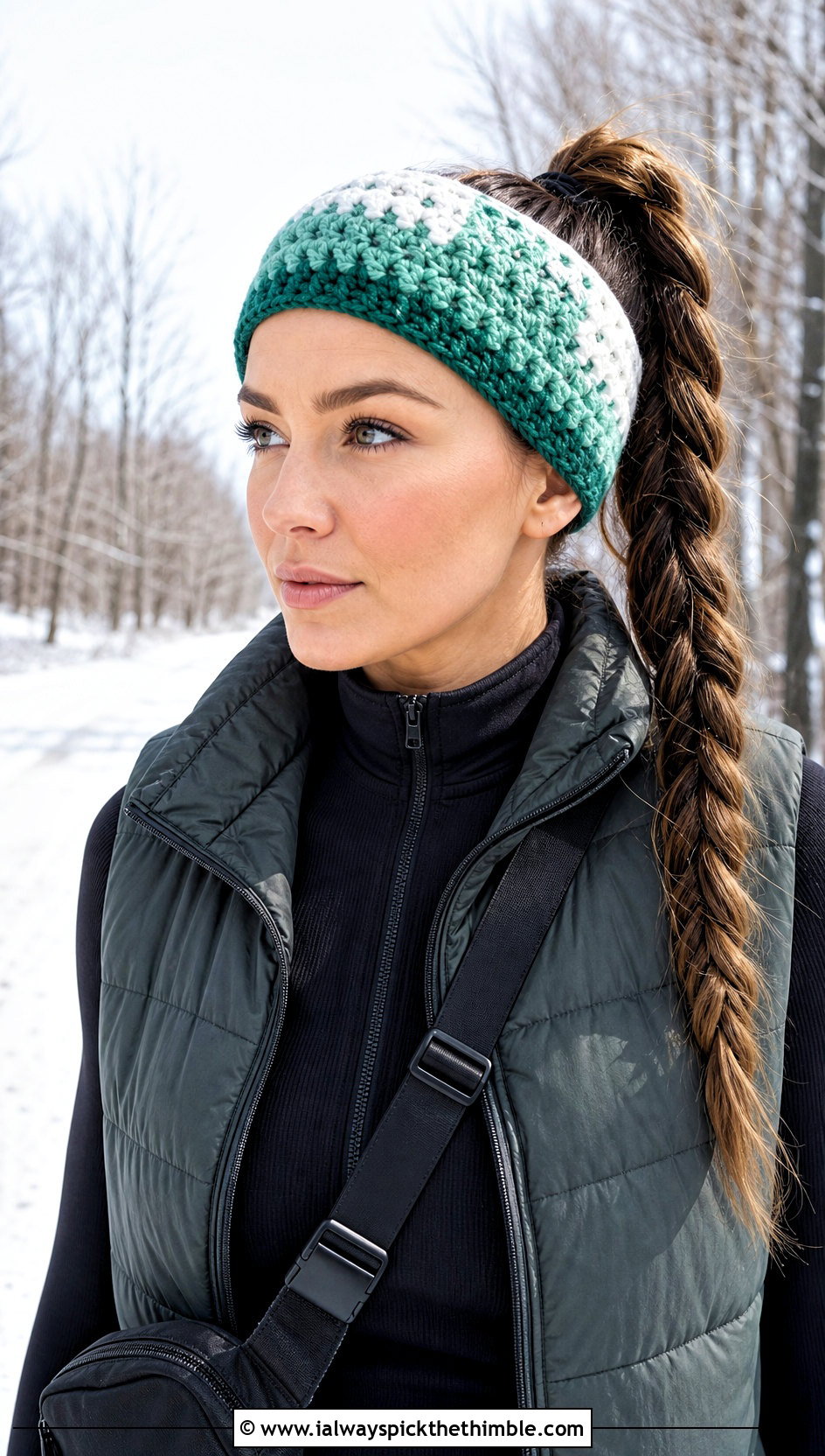 Color Block Crochet Headband With Athleisure Outfit - 25 winter crochet headband outfit ideas