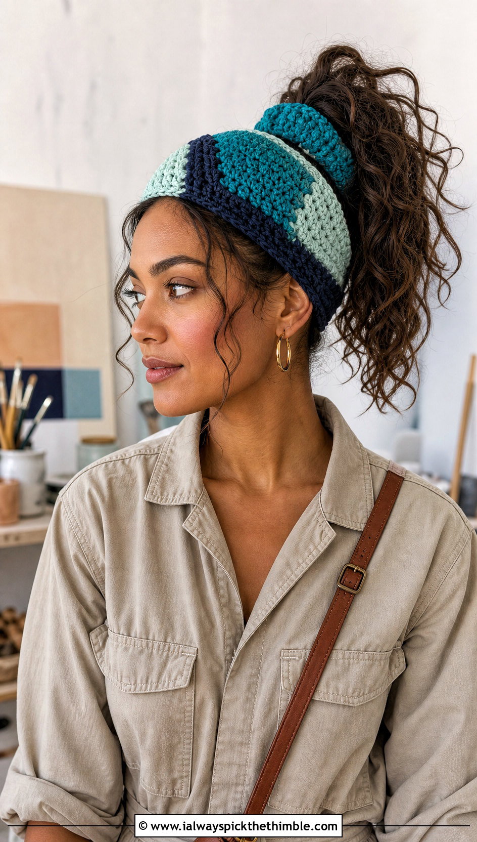 Color Block Crochet Headband With Hair Tie And Utility Jumpsuit - 25 crochet headband with hair tie outfit ideas