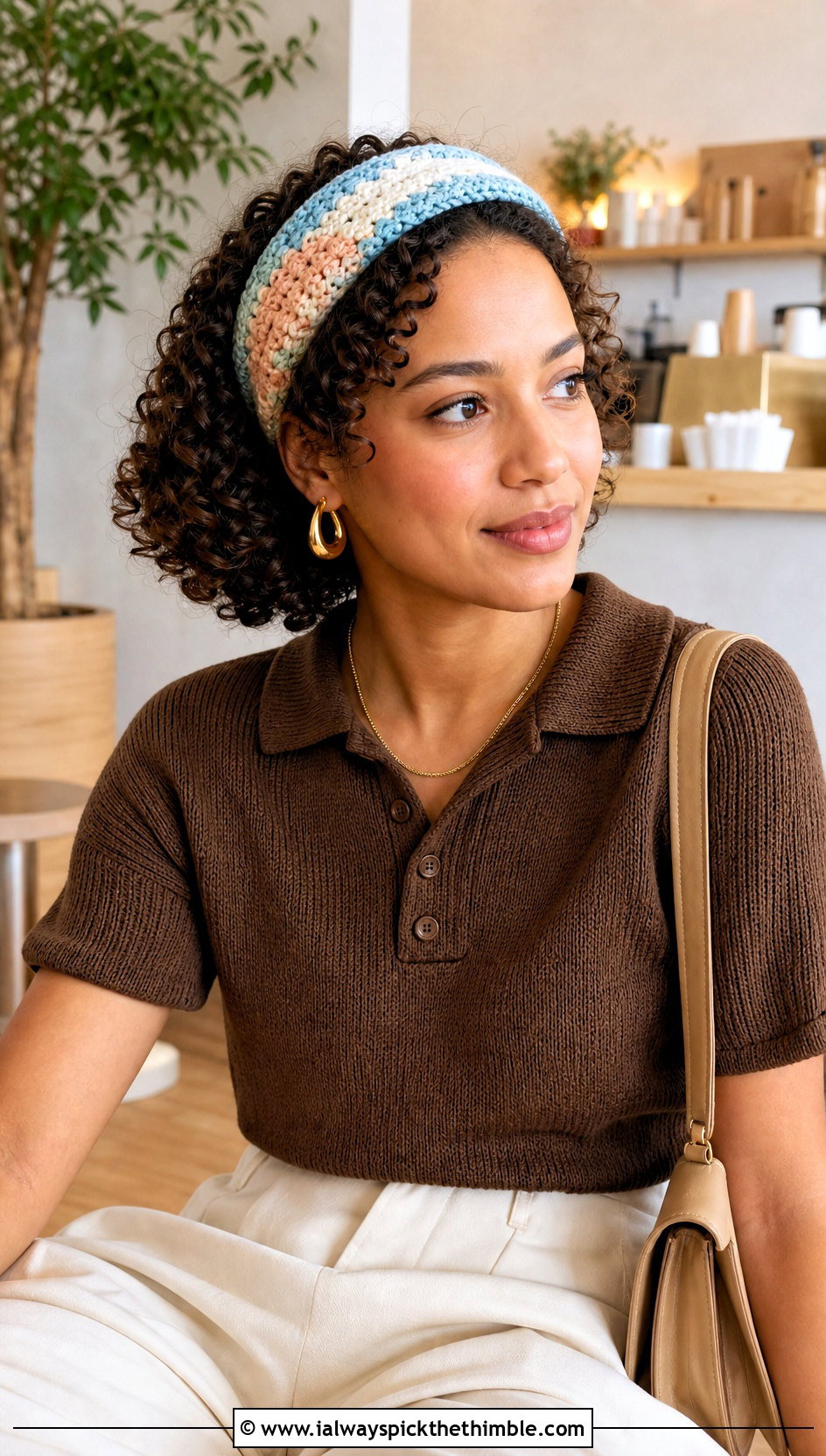 Color Block Crochet Headband With Knit Polo And Culottes - 25 crochet headbands for women outfit ideas