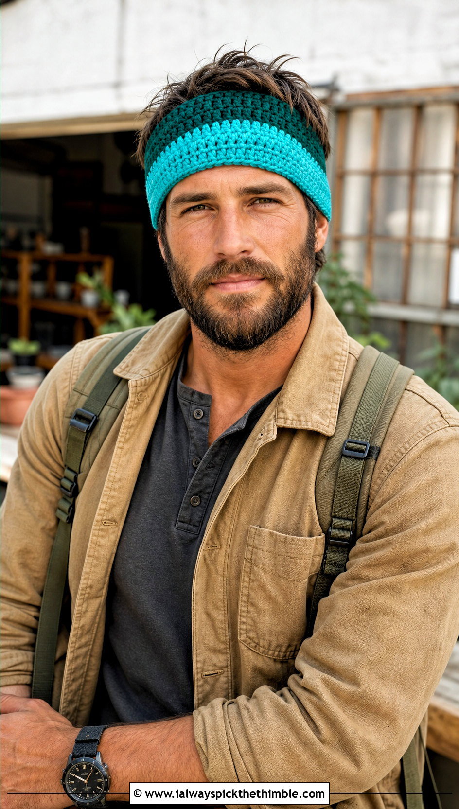 Color Block Crochet Headband With Workwear Jacket - 15 Crochet Headband For Men outfit ideas