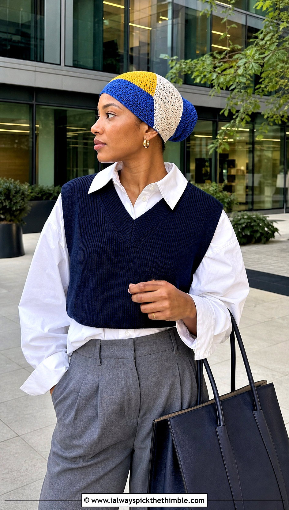 Color Block Crochet Headwrap With Sweater Vest And Poplin Shirt - 25 crochet headwrap outfit ideas