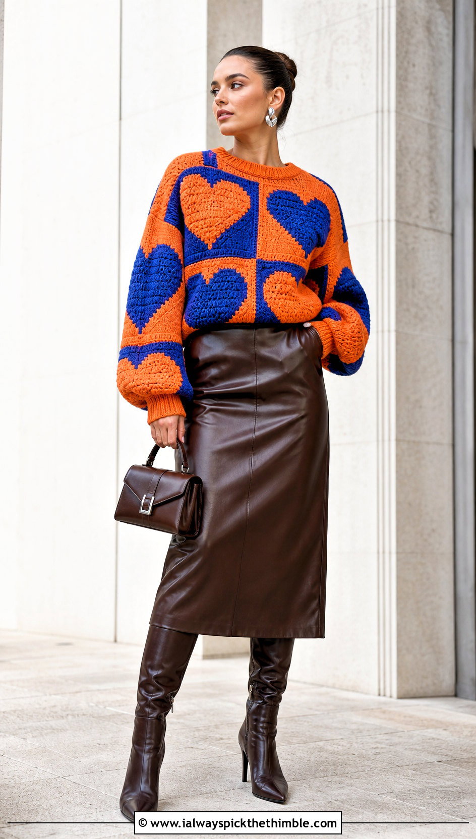 Color Block Crochet Heart Jumper With Leather Midi Skirt - 20 crochet heart jumper outfit ideas