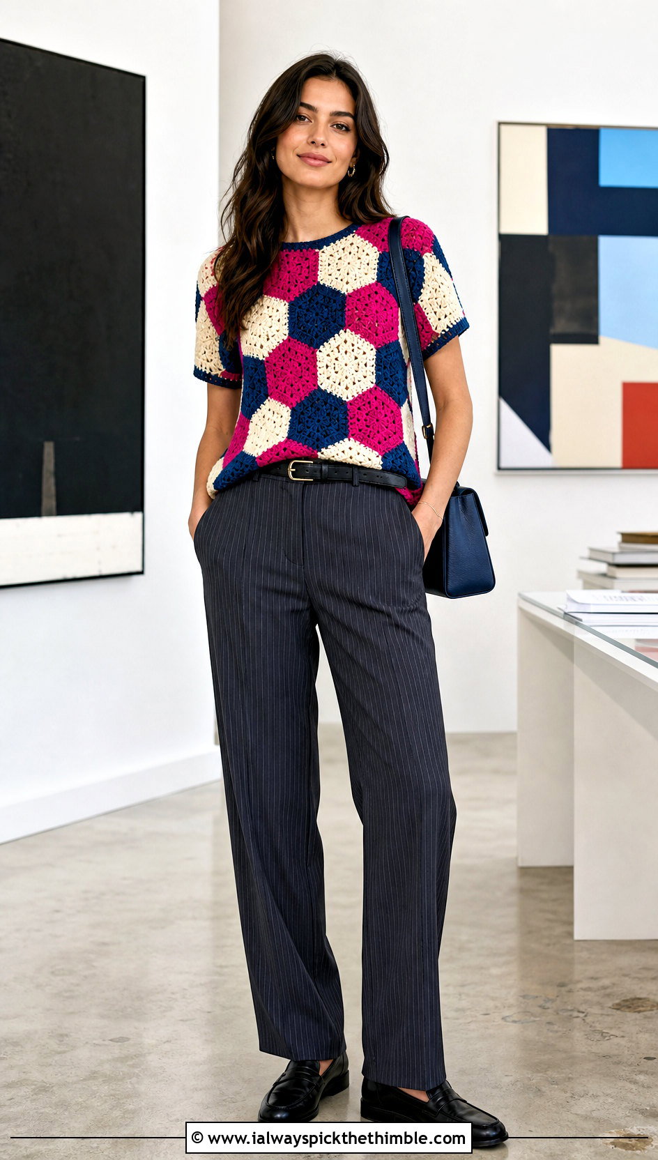Color Block Crochet Hexagon Top With Pinstripe Trousers - 25 crochet hexagon top outfit ideas