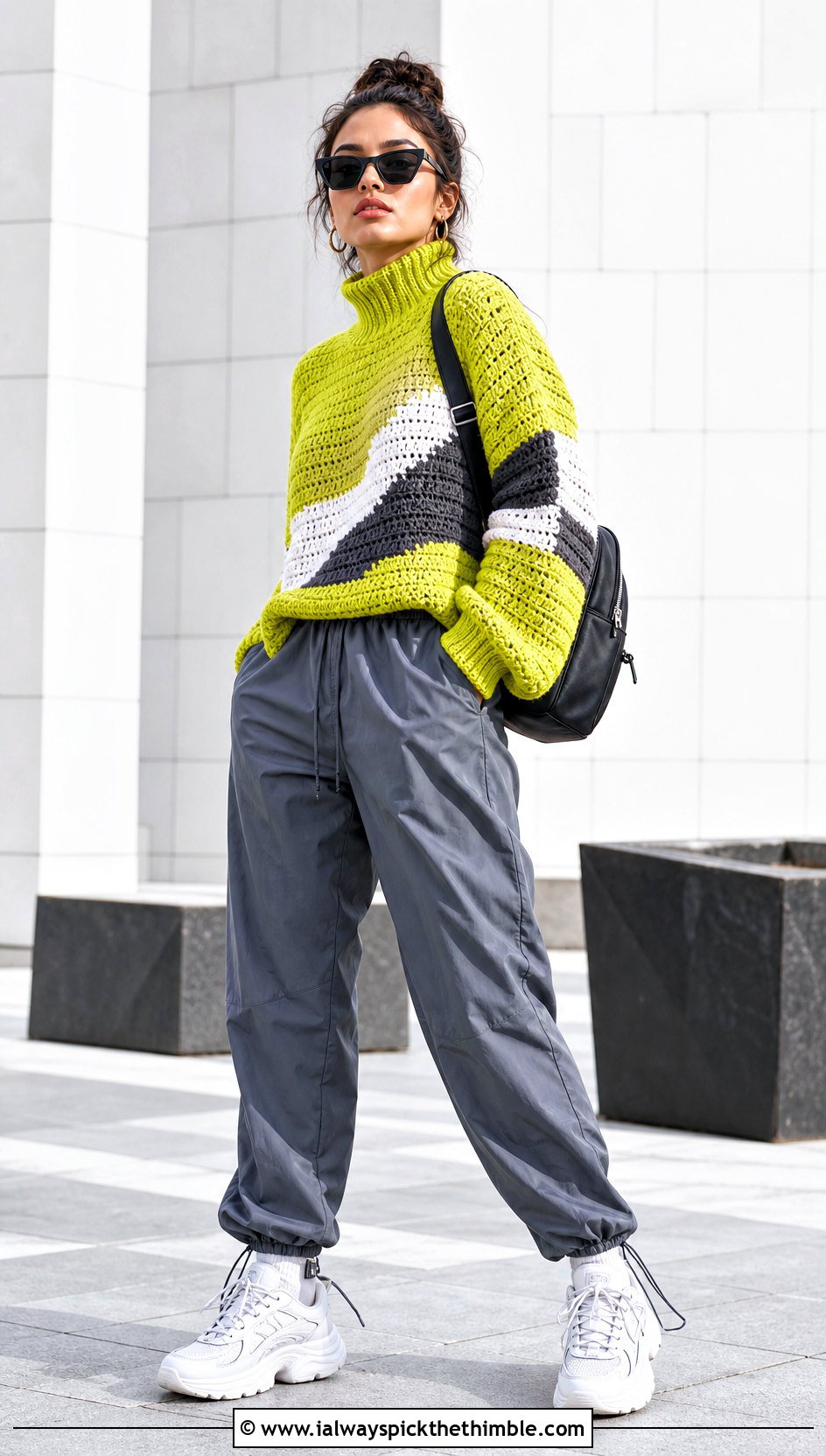 Color Block Crochet High Neck Sweater With Parachute Pants - 20 crochet high neck sweater outfit ideas