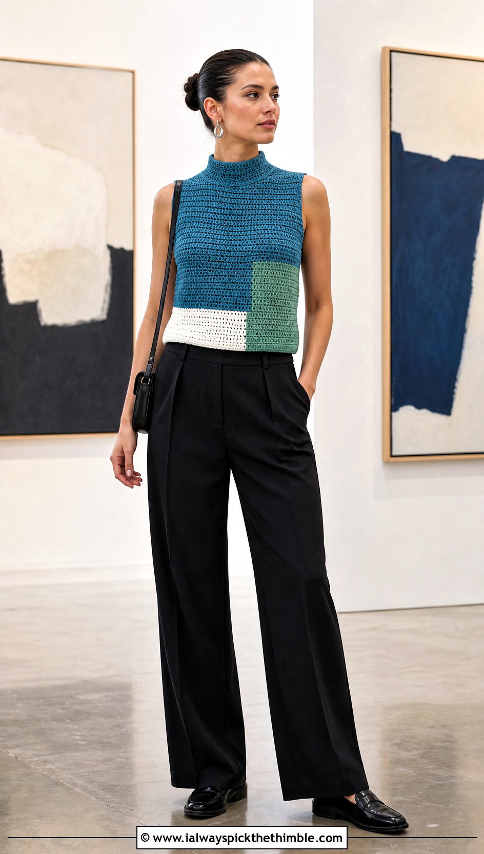 Color Block Crochet High Neck Top With Black Trousers - 25 crochet high neck top outfit ideas