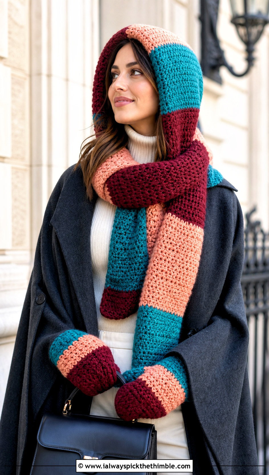 Color Block Crochet Hood Hat Scarf And Mittens With Cape Coat - 20 Crochet Hat Mittens Scarf Set outfit ideas