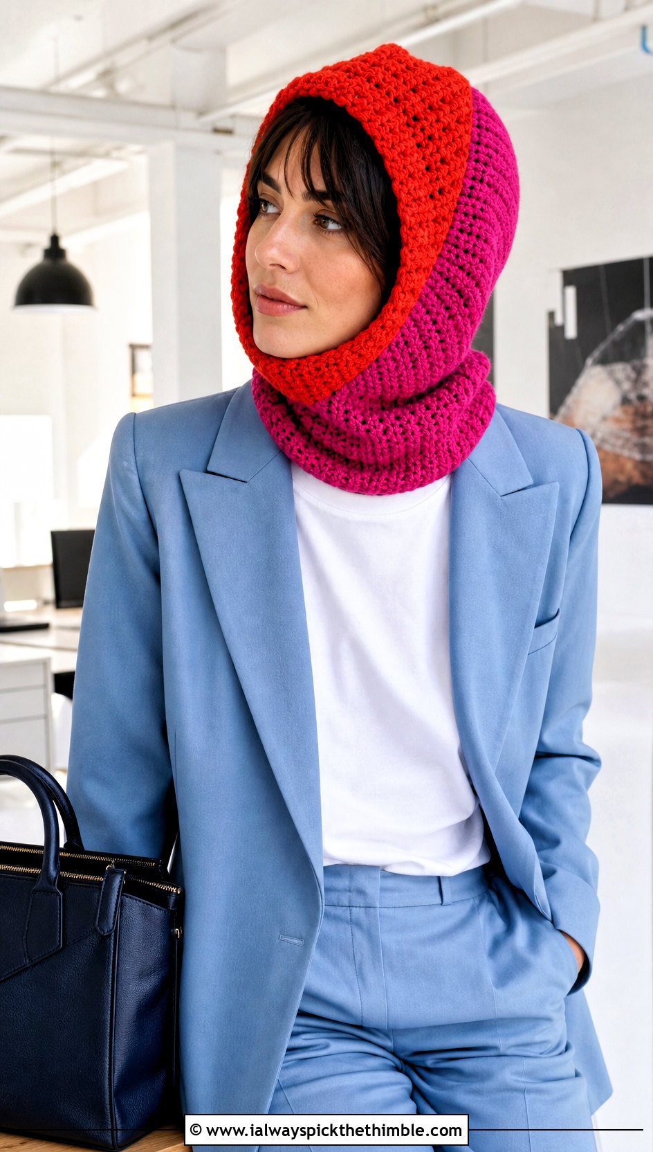 Color Block Crochet Hood With Trouser Suit - 20 crochet hood hat outfit ideas