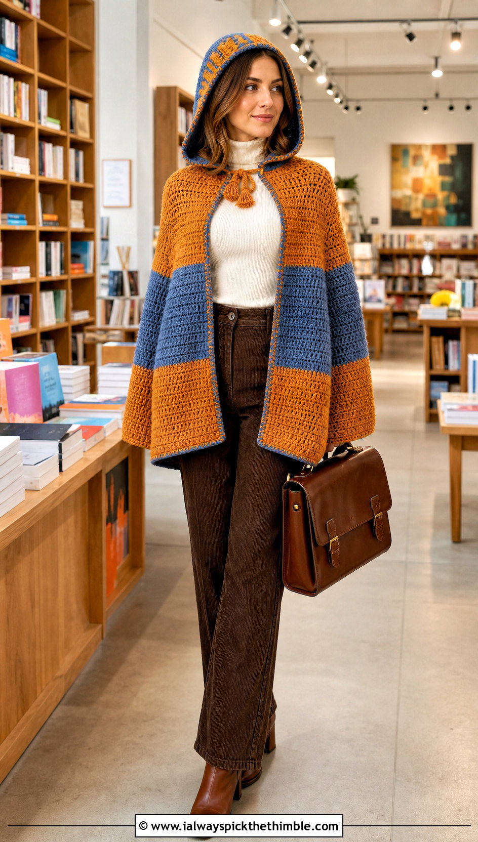 Color Block Crochet Hooded Cape With Corduroy Trousers - 25 crochet hooded cape outfit ideas
