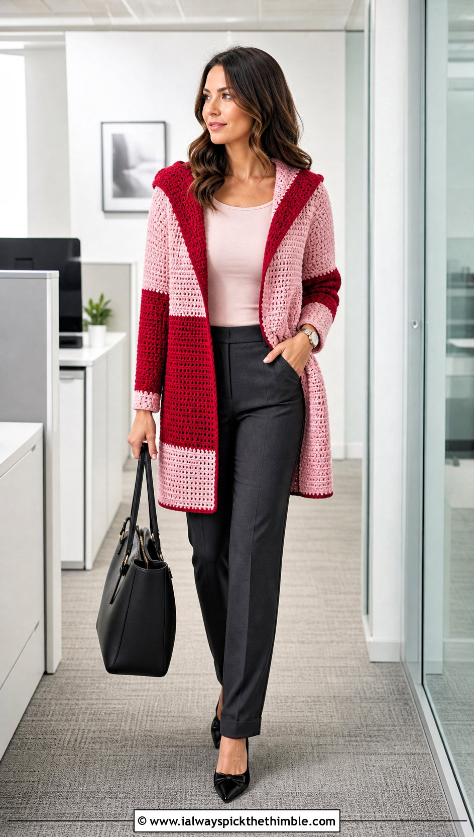 Color Block Crochet Hooded Cardigan With Tailored Trousers - 25 crochet hooded cardigan outfit ideas