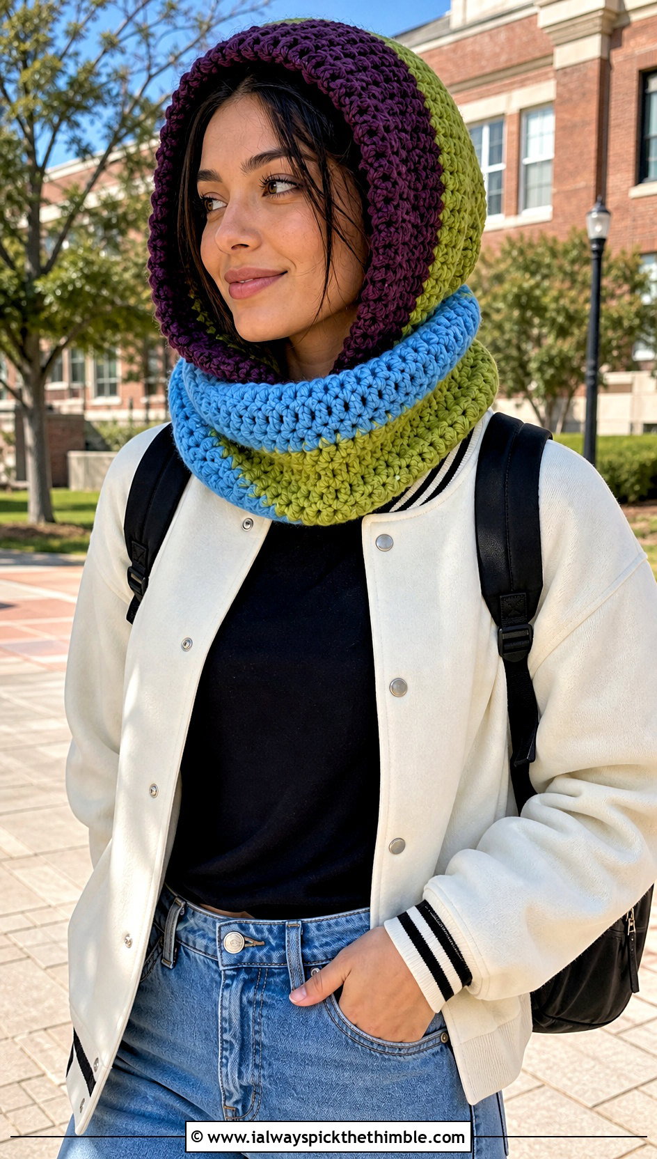 Color Block Crochet Hooded Cowl With Varsity Jacket - 25 crochet hooded cowl outfit ideas