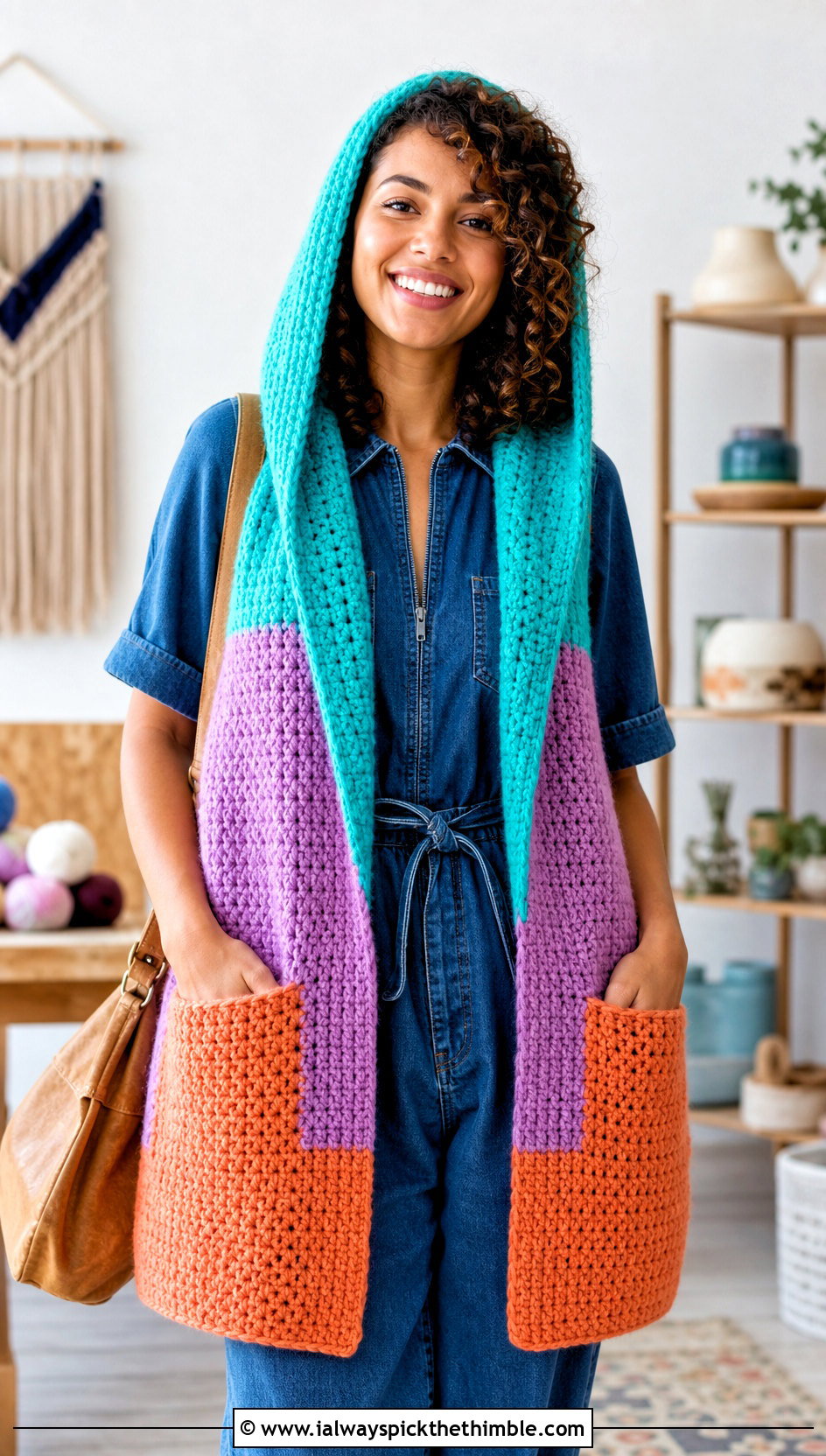 Color Block Crochet Hooded Pocket Scarf With Denim Jumpsuit - 20 crochet hooded pocket scarf outfit ideas